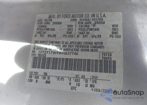 1998 Ford F-150 Lariat/Standard/Xl/Xlt from USA, damaged, VIN 1FTZF17W9WNB37746